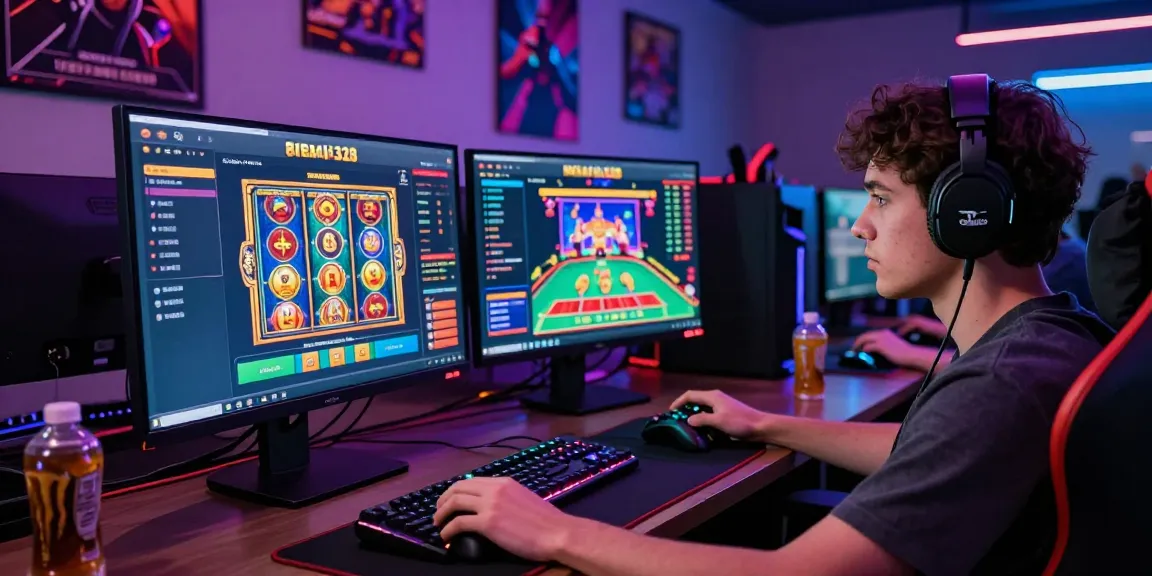 Player immersed in gaming at situs raja328 platform with multiple screens and vibrant atmosphere