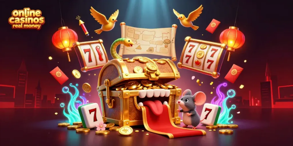 Engage with exciting online casinos real money through vibrant 3D imagery depicting dynamic slot elements, fortune, and adventure.