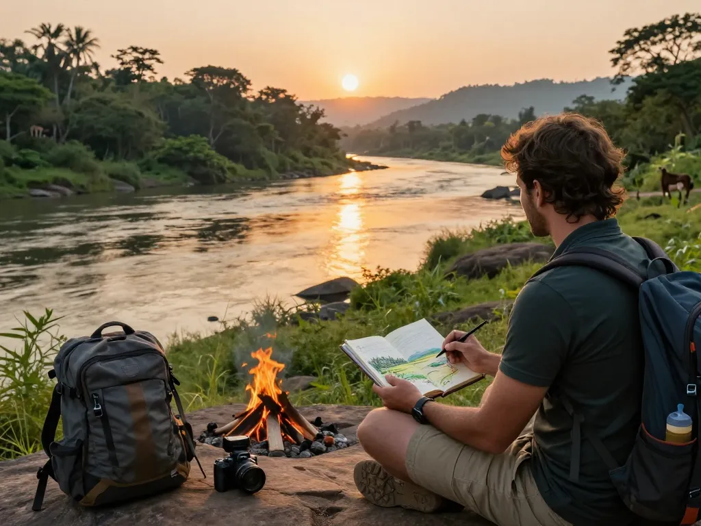 Dandeli resorts packages in a scenic sunset landscape with a traveler enjoying the view by the Kali River.