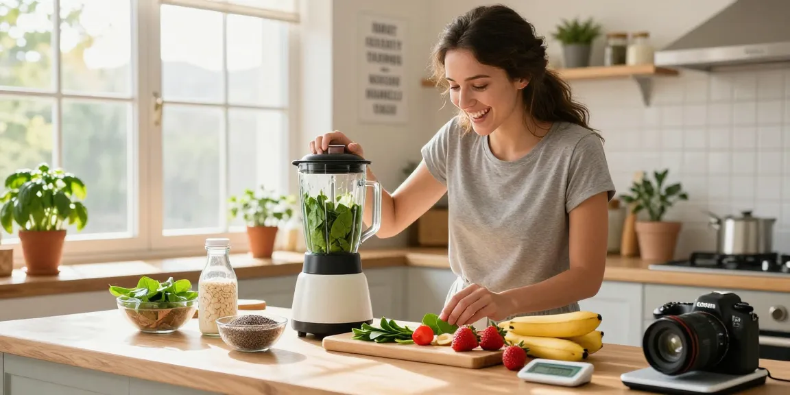 Healthy breakfast smoothie preparation showcasing the best calorie tracker in a bright kitchen.