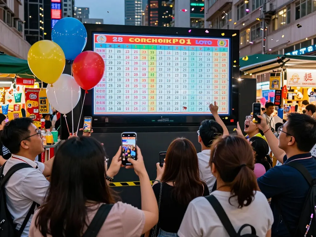 Excited participants watching the Hongkong Lotto live draw in vibrant urban setting.