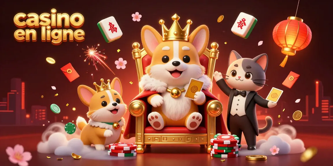 Casino en ligne : illustration d'un corgi royal entouré de jeux de société et de lanternes lumineuses.