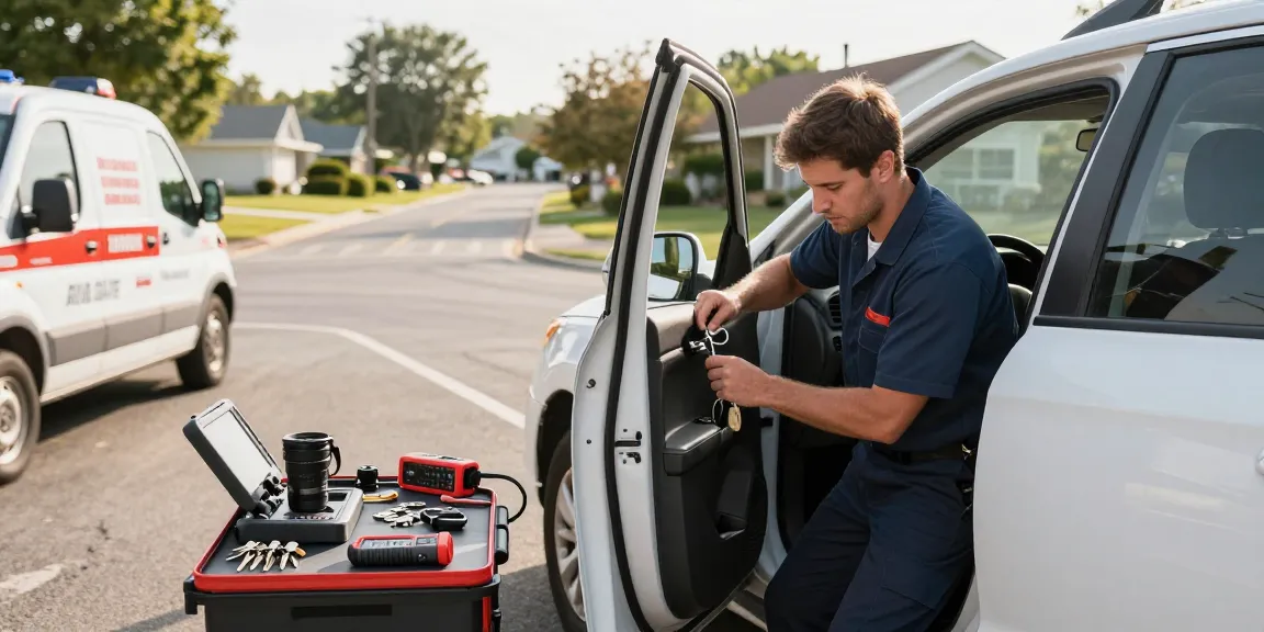 Automotive locksmith responding to a situation where Autosleutel kwijt, expertly unlocking a vehicle at roadside.