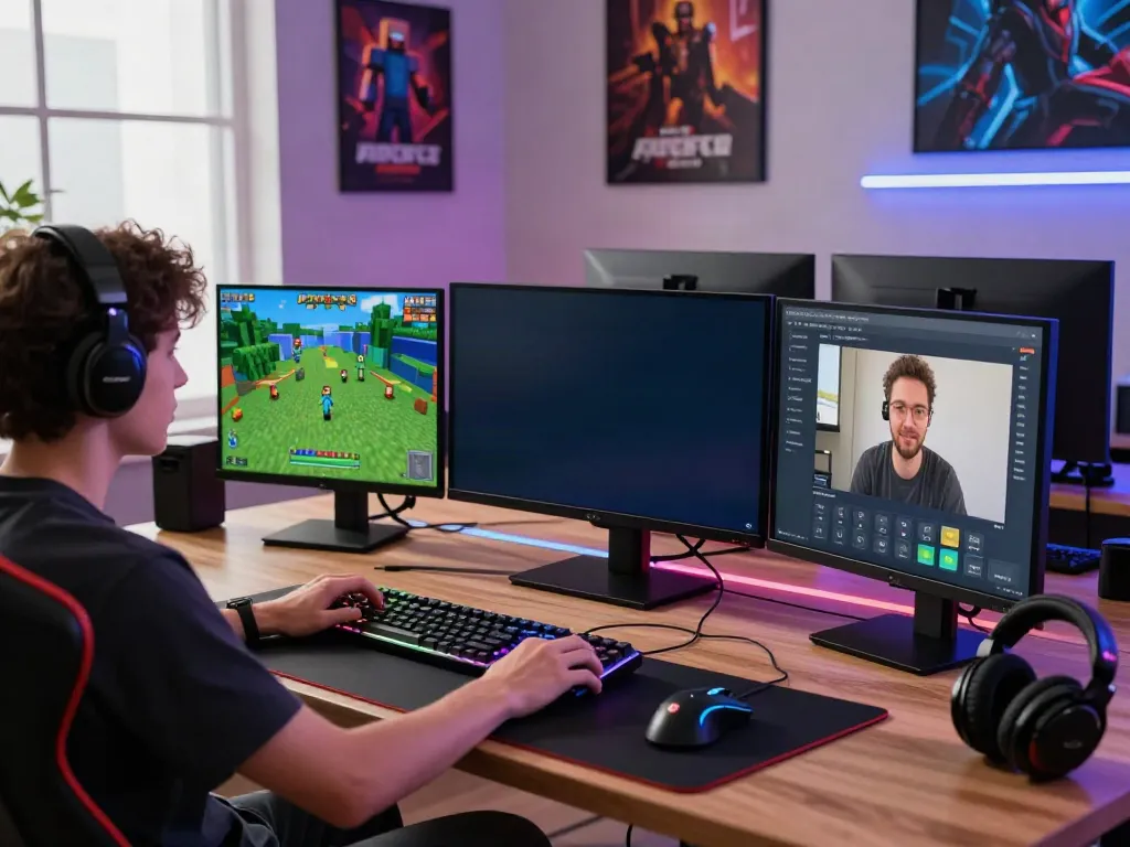 Engaging workspace scene featuring G15Tools user focused on gaming with vibrant multi-monitor setup and energetic atmosphere.