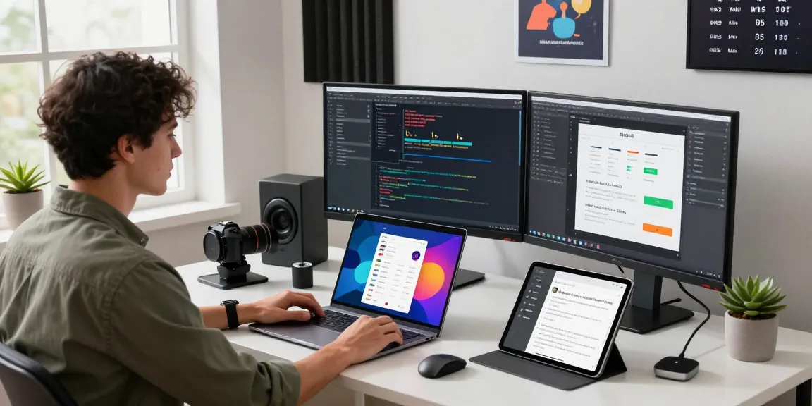 Mobile app development services workspace with a developer coding and designing innovative apps.
