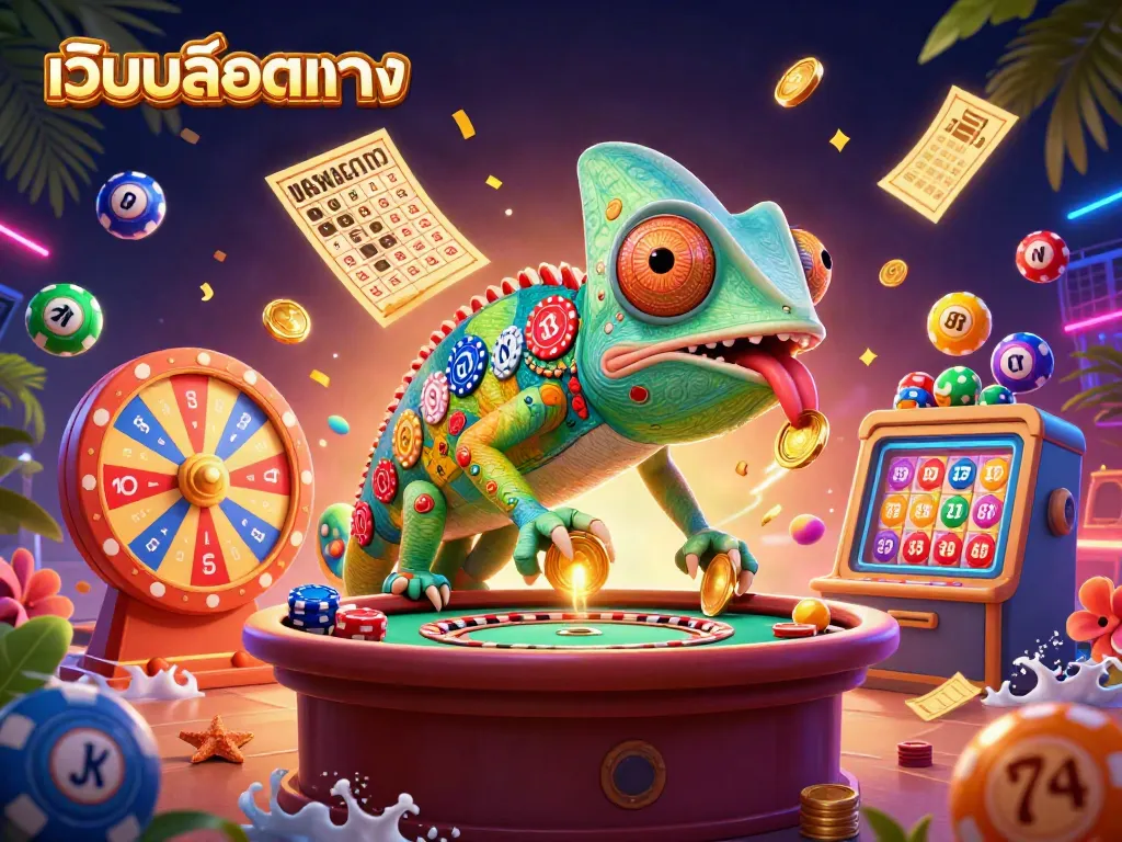 ภาพ 3D ที่แสดงถึงเจ้าของคาสิโนจิ้งจกยักษ์ที่มีสีหลากหลาย พร้อมกับกิจกรรมการเล่นเกมที่น่าตื่นเต้น เว็บสล็อตตรง