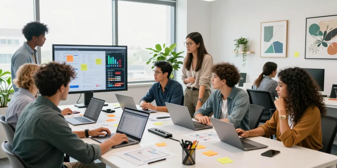 Dynamic collaborative workspace of a Digital Marketing Agency showing a diverse team strategizing with laptops and analytics.