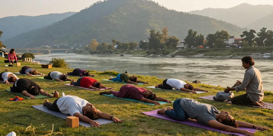 Yoga teacher training in Rishikesh India, students practicing poses outdoors, serene Ganges backdrop, holistic journey atmosphere.