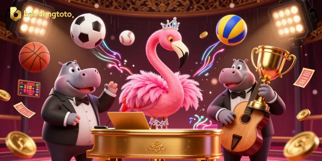 Engage with bandungtoto's vibrant casino scene featuring a flamingo singer and hippo bassist amidst dynamic game elements.