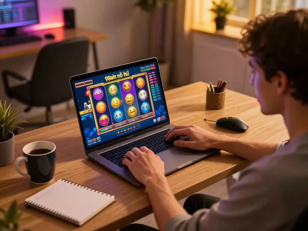 Playing 98win nổ hũ on laptop in a cozy home office, vibrant gaming atmosphere