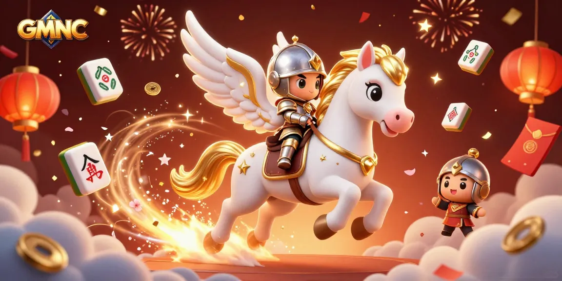 Engaging GMNC illustration showing a celestial horse and knight amidst casino-themed elements.