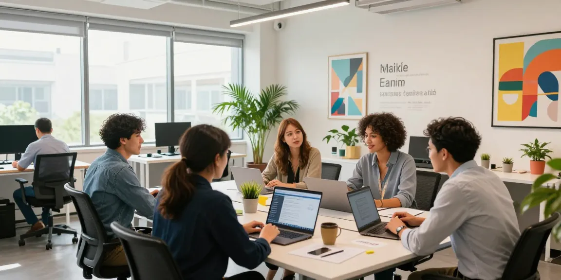 Office renovation scene showcasing a diverse team collaborating in a vibrant workspace, enhancing employee engagement with รีโนเวท ออฟฟิศ.