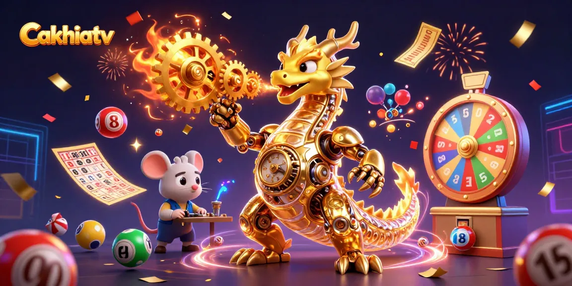 Cakhiatv showcases a thrilling 3D illustration of a golden dragon amidst dynamic gambling elements, enhancing player engagement.