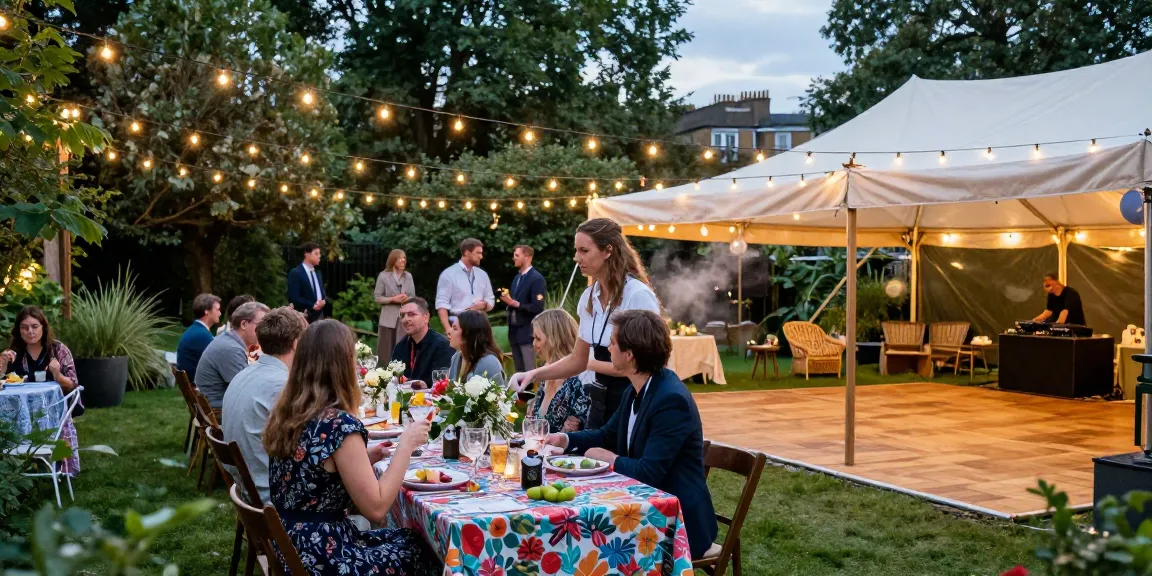 Marquee hire London event setup in a picturesque garden with twinkling lights