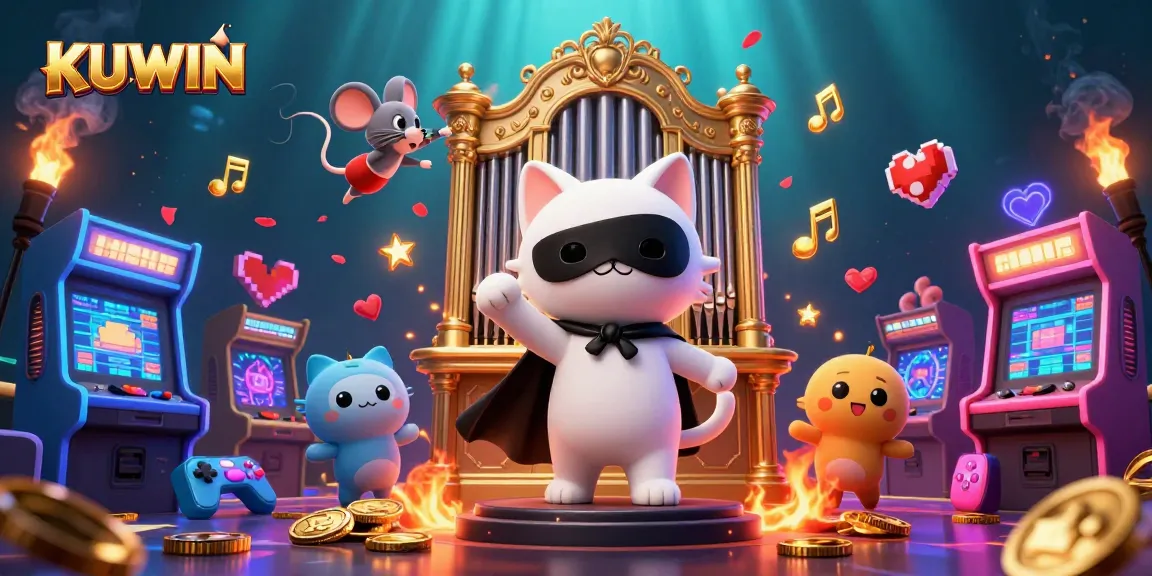 KUWIN features a vibrant casino scene with a phantom cat and acrobat flying, filled with arcade games and golden elements.
