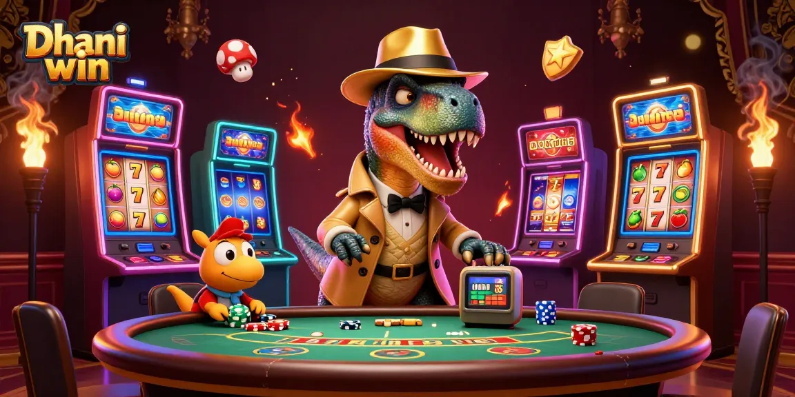 Dhani win illustration with a velociraptor card counter at a blackjack table amid vibrant slot machines and casino elements.