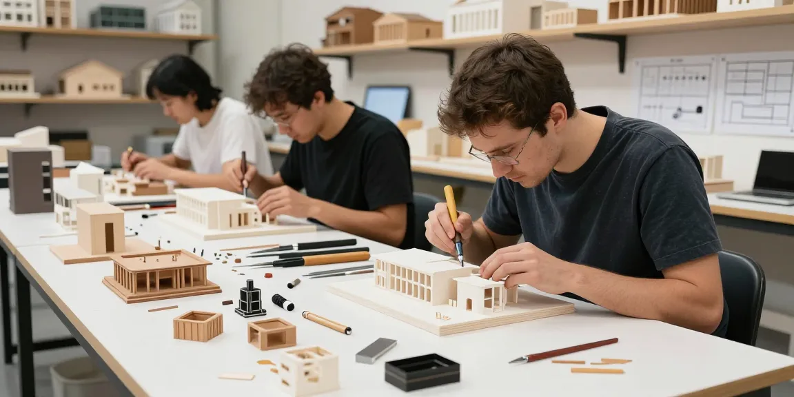 Präzise Arbeiten am Architektur Modellbau in Dresden mit detaillierten Modellen und Handwerkzeugen.