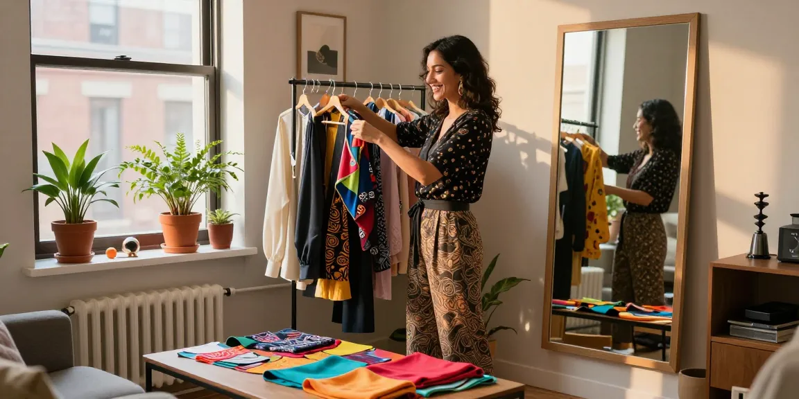Consulente di moda che organizza un guardaroba capsula in un appartamento elegante, esprimendo autenticità e stile.