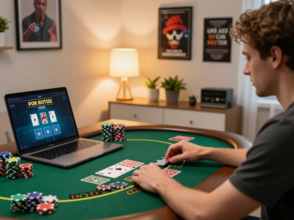 vaobet player strategizing in an online blackjack game at home with colorful chips and cards