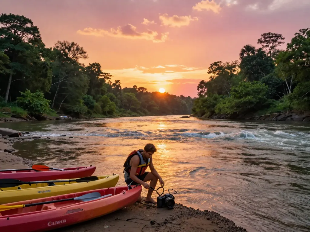Dandeli adventure with a traveler kayaking on the Kali River at sunset amidst lush greenery.