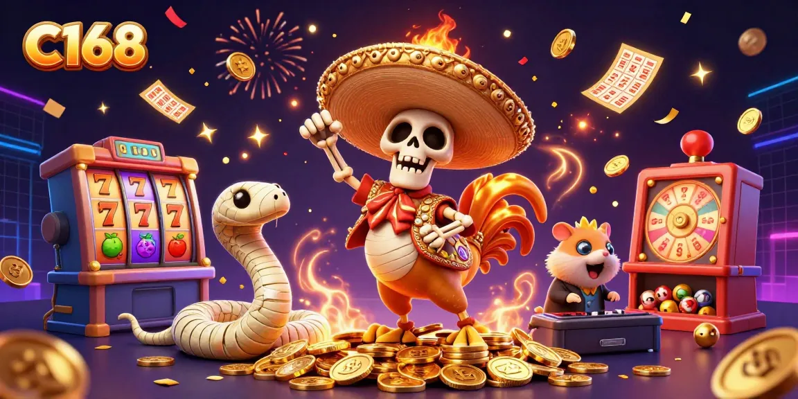 C168's animated victory dance with exciting casino elements, featuring slots and golden coins.