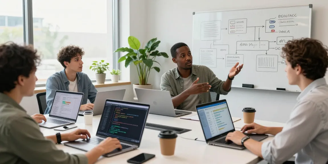 How to Make an AI - A vibrant software development team collaborating in a modern workspace filled with laptops, code, and creative energy.