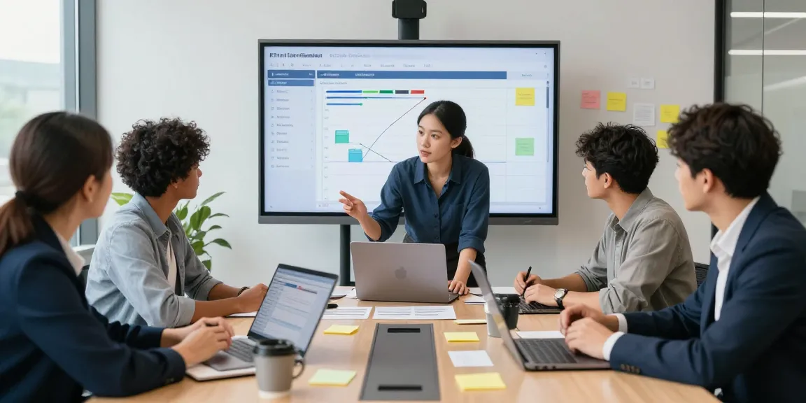 Team collaborating with an RTI scheduler in a modern office setting for effective project management.