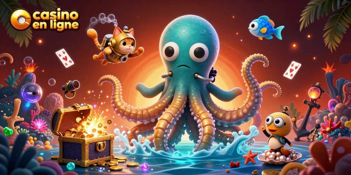 Un kraken géant et un chat plongeur entourés de trésors évoquent le monde du casino en ligne.