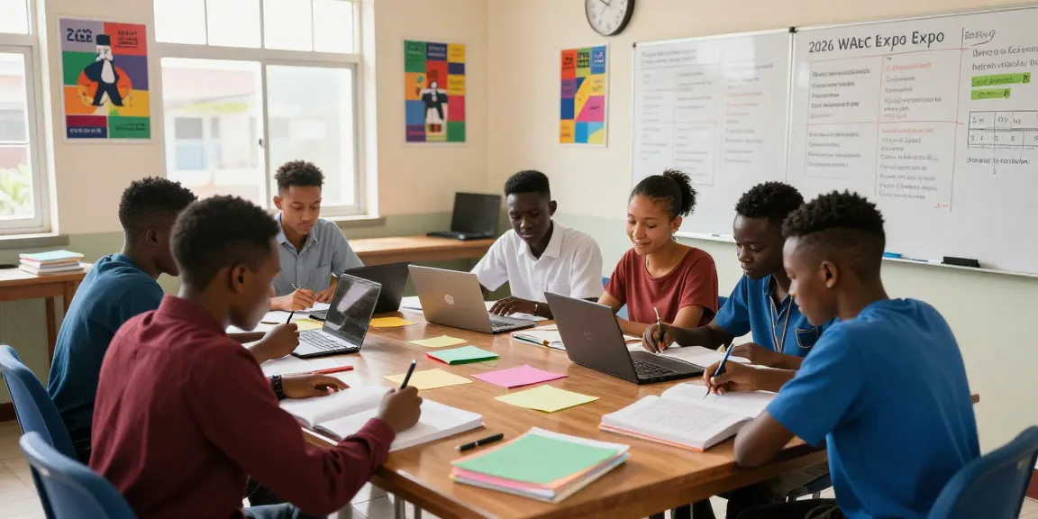 Students studying together for the 2026 WAEC expo in a bright classroom setting.