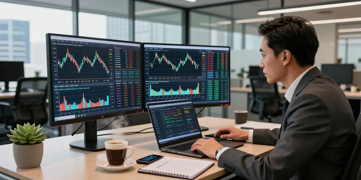 Dynamic financial consultant evaluating market trends using Hyperliquid referral code (8000USDT) in modern office.