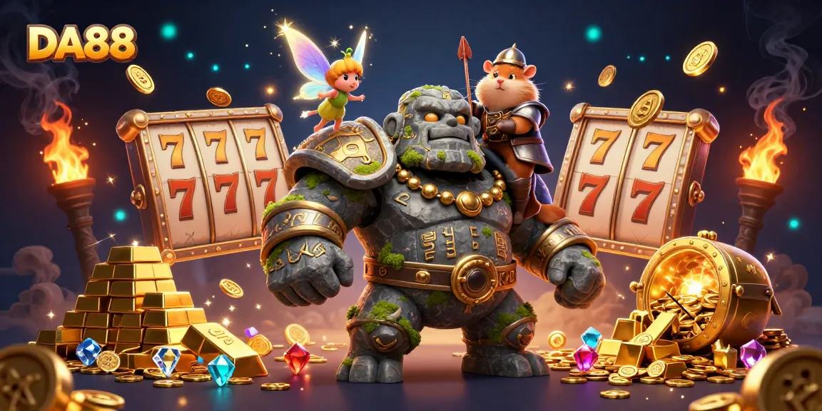 DA88 presents an exciting slot gaming adventure with a mystical golem, fairy, and knight.