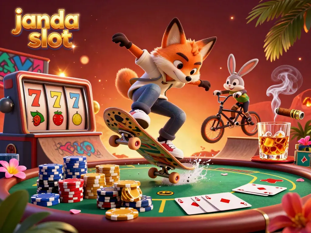 Gambarkan aksi slot janda slot dengan karakter rubah dan kelinci di dunia kasino yang ceria.