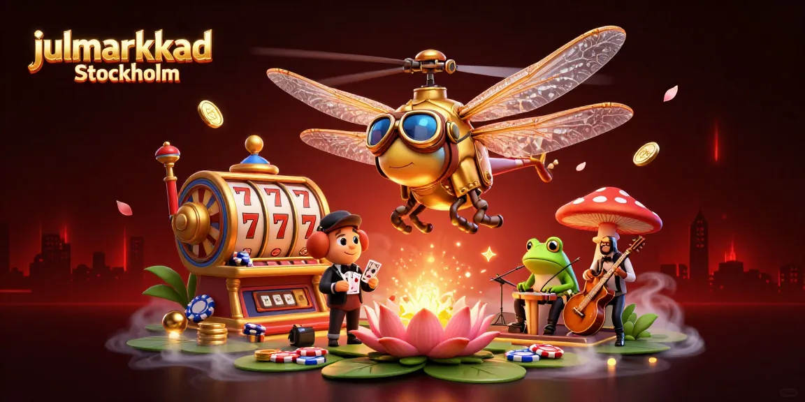 Experience julmarknad Stockholm at this lively casino scene featuring a dragonfly pilot and frog dealer.