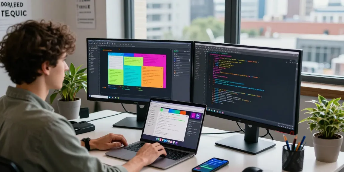 Developer using Snipaste for efficient screen capturing and annotation in a vibrant office.