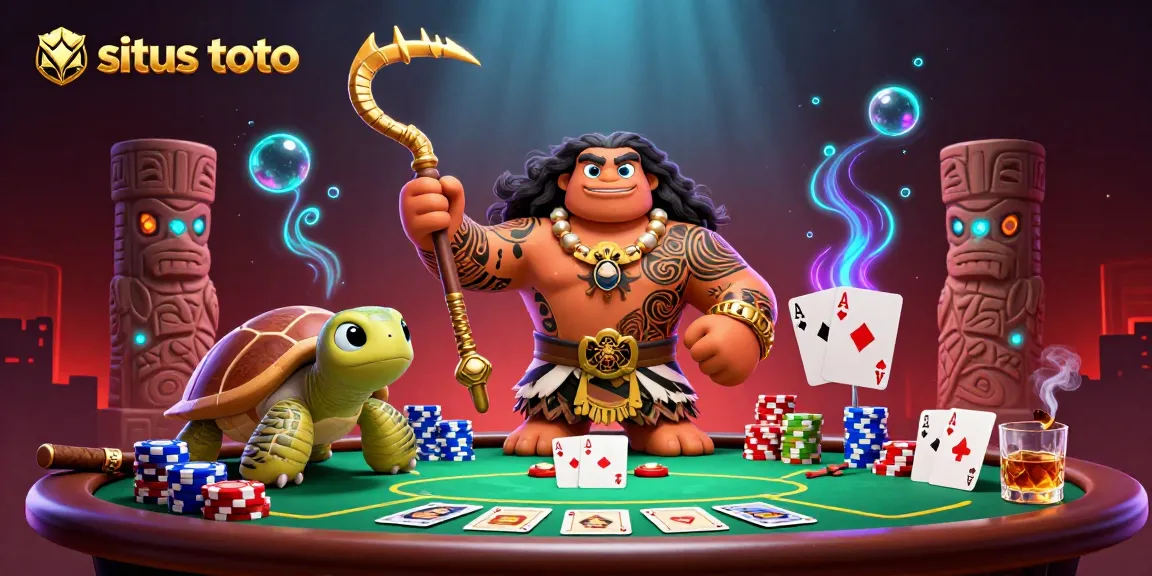 Situs toto menang di meja poker yang dikelilingi oleh elemen permainan dan karakter unik