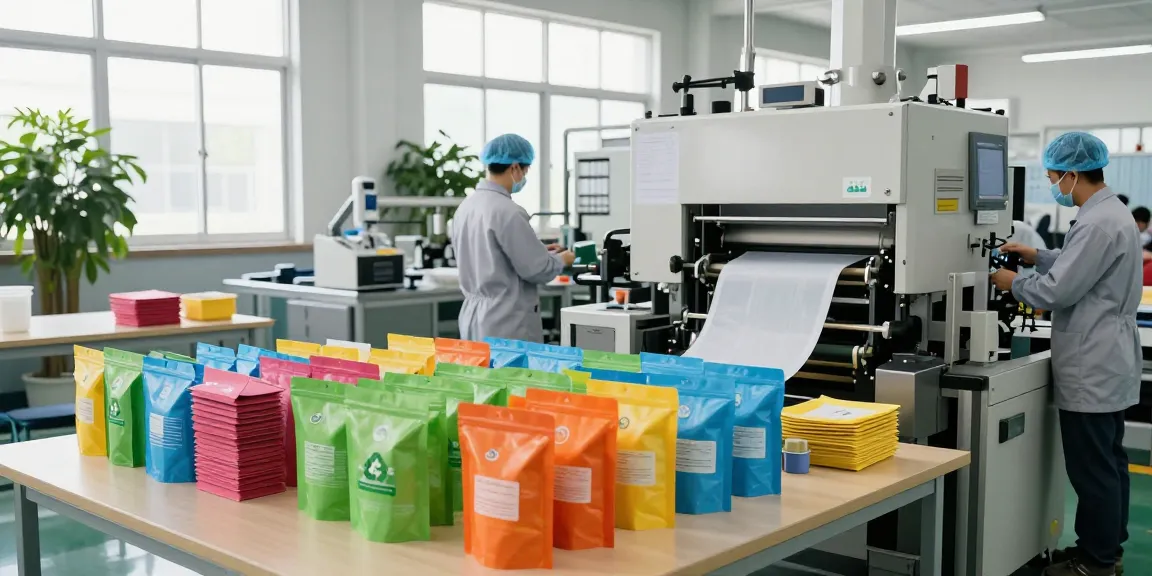 Recyclable stand up pouches produced in an eco-friendly packaging facility.