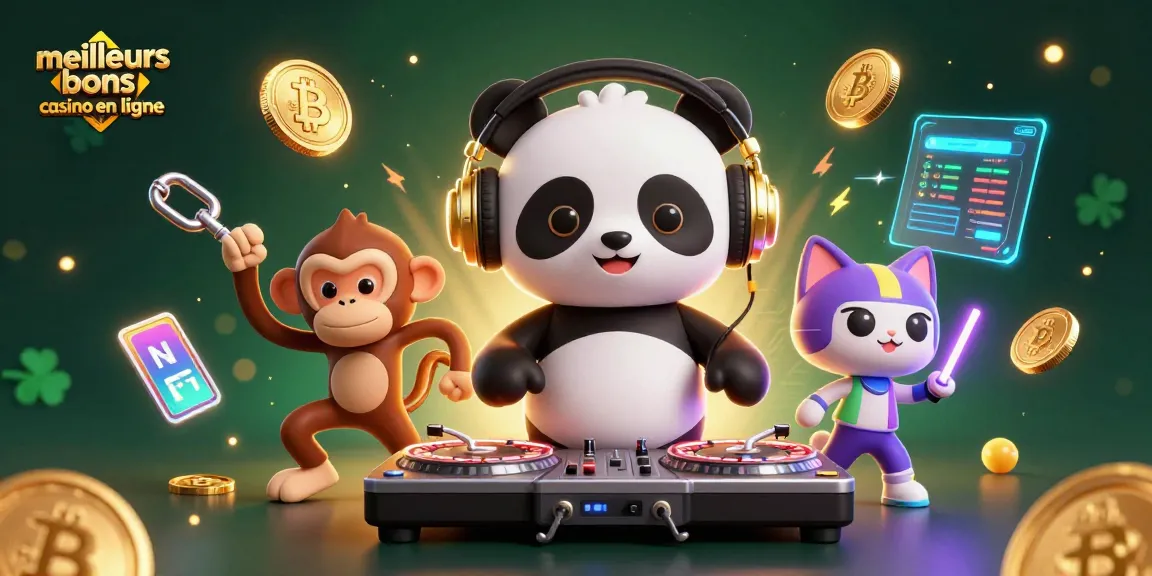 Visualisez les meilleurs bonus casino en ligne avec un panda DJ et des éléments de jeu dynamiques dans une scène vibrante.