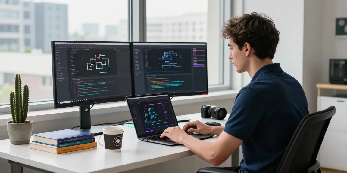NAGA2000 software development workspace with dual monitors for coding and architecture