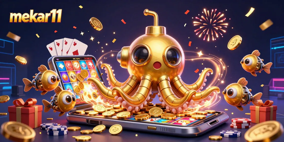 Mekar11 showcases a vibrant 3D casino scene with a kraken submarine amidst golden coins, celebrating wins.