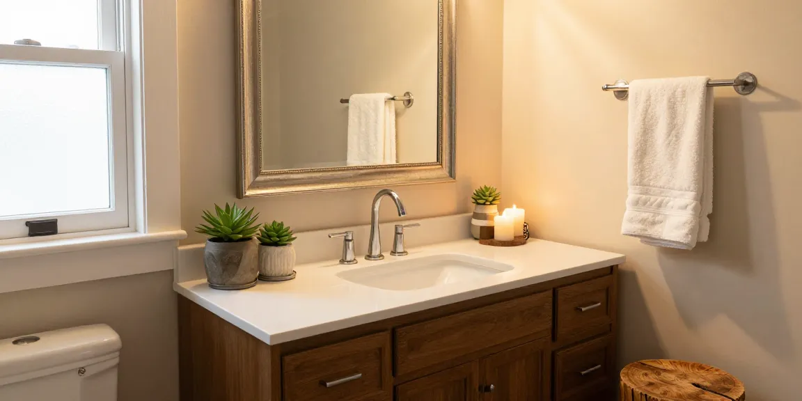 Stylish bathroom vanity with quartz countertop and mirror, creating an inviting atmosphere.