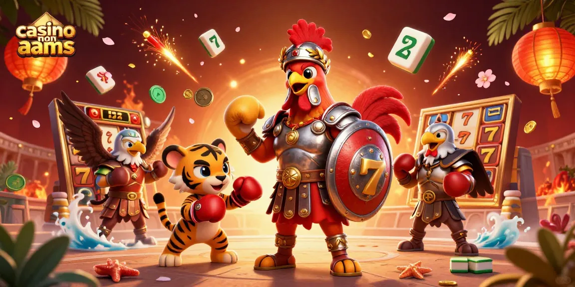 Giocare a casinò non AAMS con un gallo gladiatore e un cucciolo di tigre in un'arena, circondati da elementi del gioco.