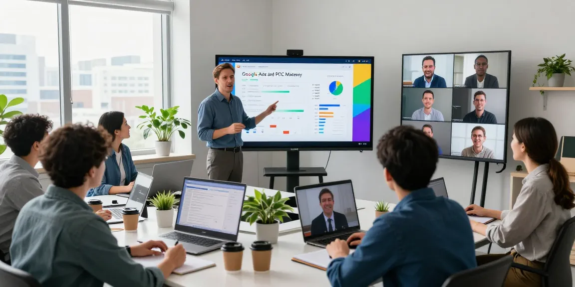Professionals engaging in a Google Ads and PPC mastery course live webinar in a vibrant online learning environment.