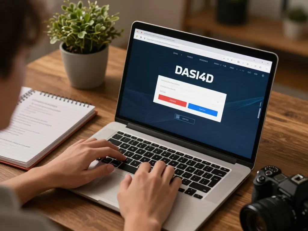 Antarmuka login DASI4D yang ditampilkan di laptop selama sesi permainan online di rumah