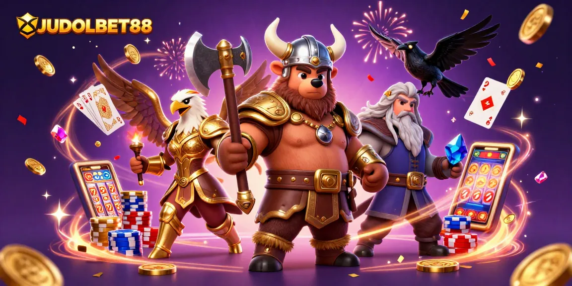 Win big with JUDOLBET88 as the Viking berserker and Valkyrie soar amidst casino celebrations!