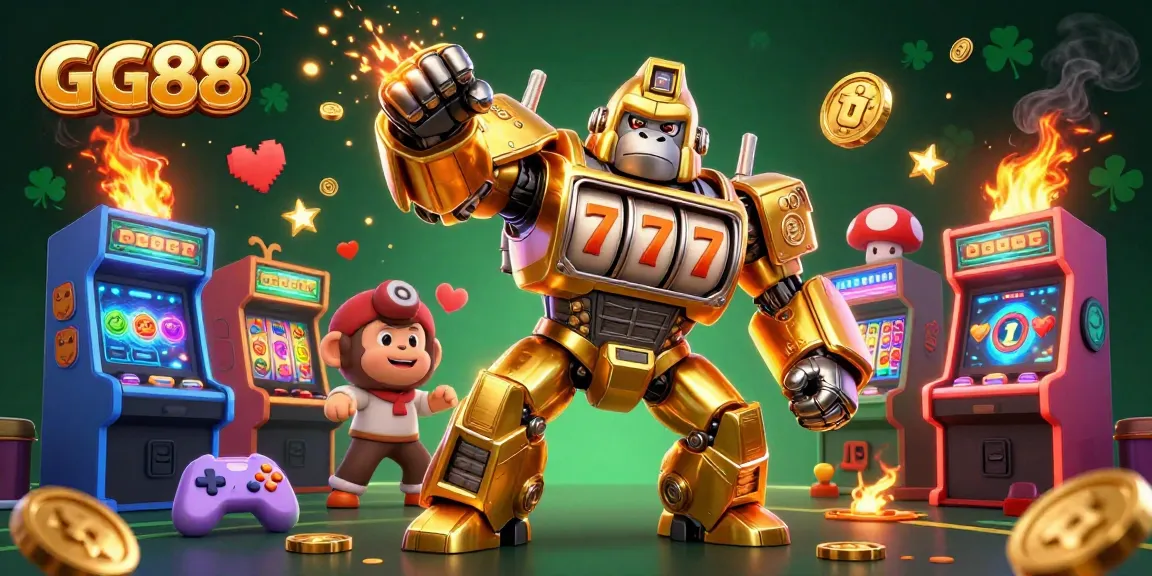 Spin to win with GG88, a dynamic 3D casino-themed illustration featuring slot machines and golden gorilla mech.