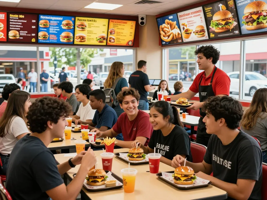 Customers engaged in fast food prices and enjoying vibrant meals in a bustling restaurant.