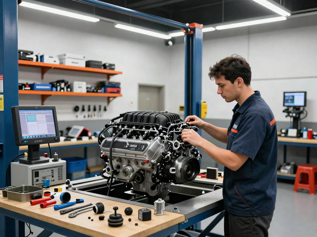Hellcat engine for sale showcased in a modern workshop with a mechanic inspecting it.