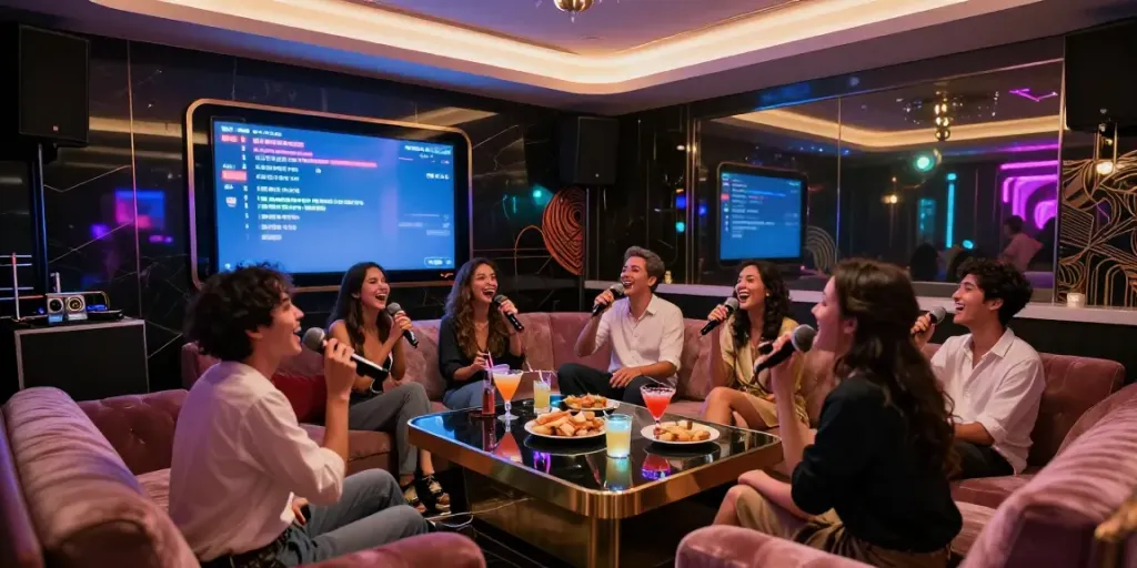 강남 달토 가라오케의 즐거운 분위기에서 노래하는 친구들 모습