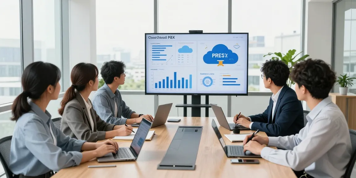 Team collaborating on cloud PBX solutions in a modern office, showcasing מרכזיה בענן advantages.
