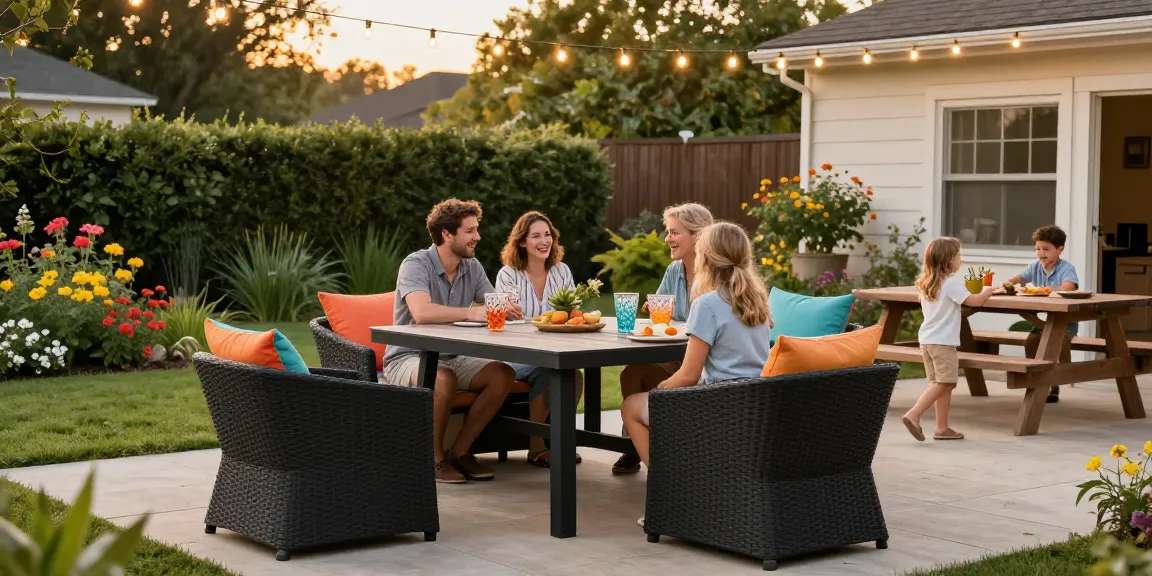 Family enjoying affordable patio furniture in a cozy outdoor setting.